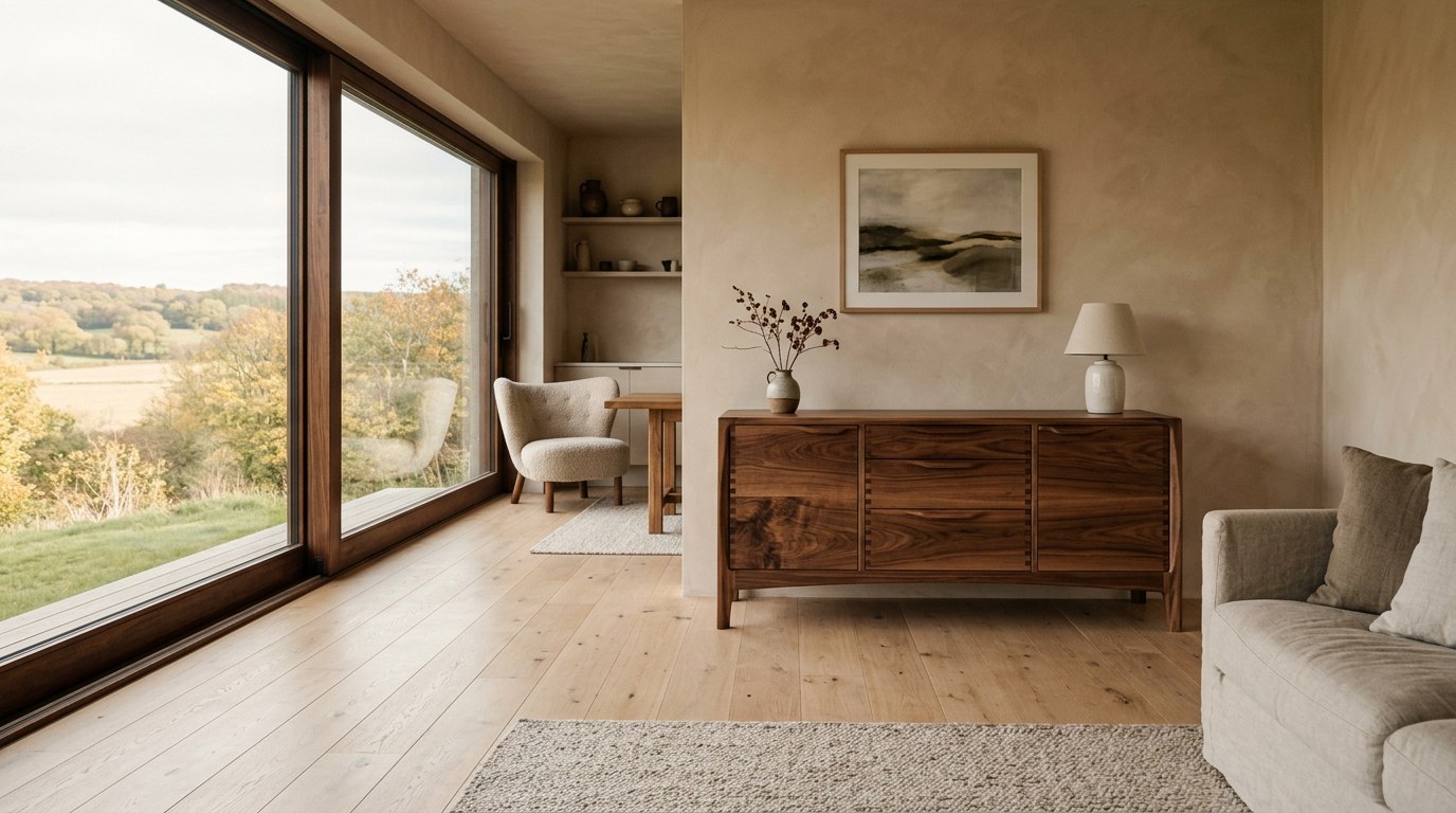 Buffet en noyer massif dans un intérieur chaleureux