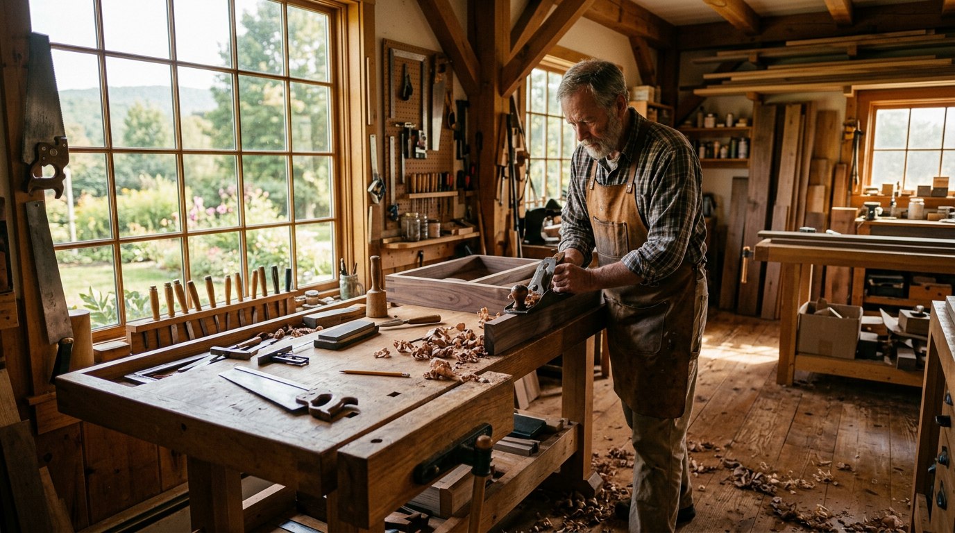 Menuisier au travail à l&rsquo;établi