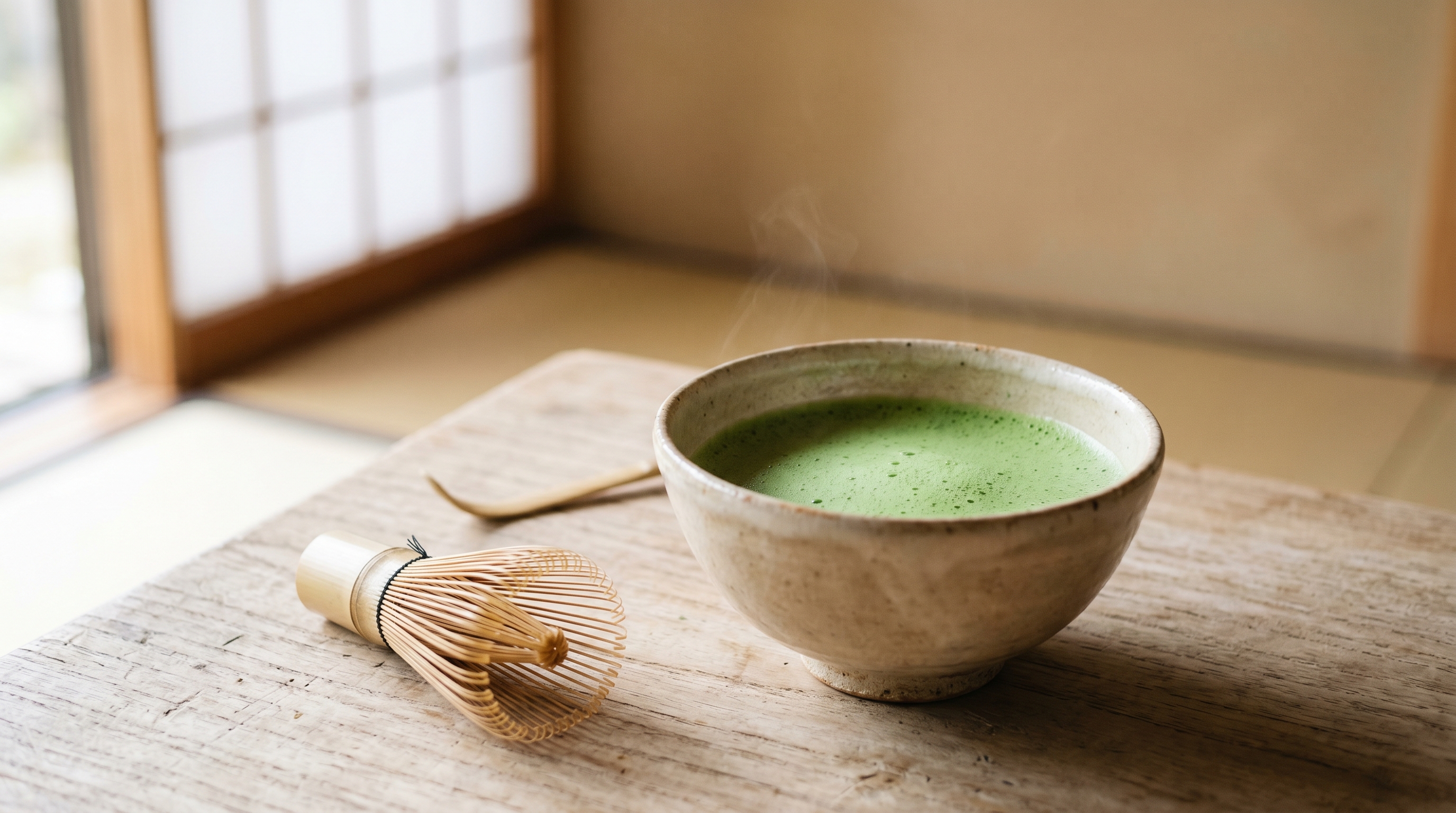 Bol de matcha et fouet en bambou lors de la cérémonie du thé