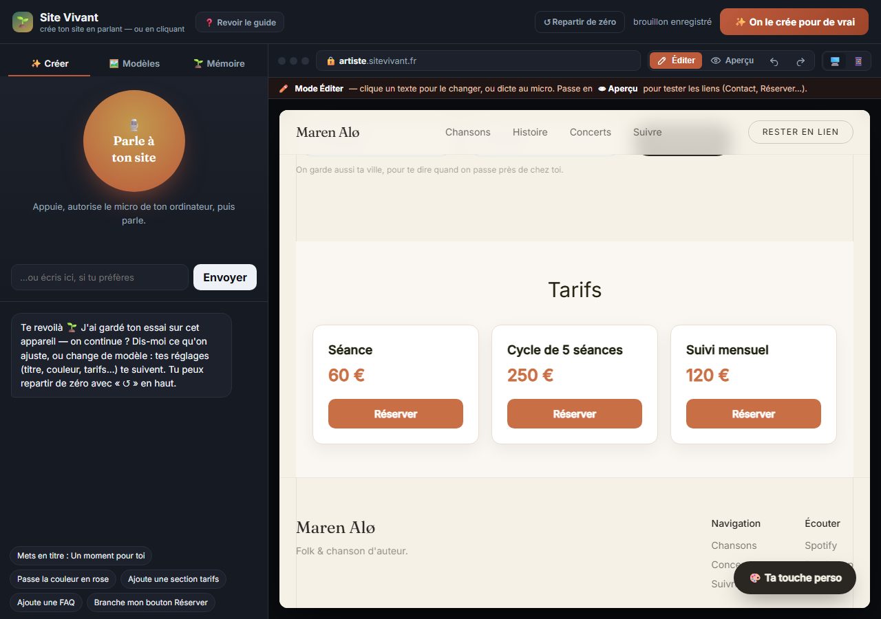 L'atelier Site Vivant : à gauche la conversation, à droite le site qui change en direct